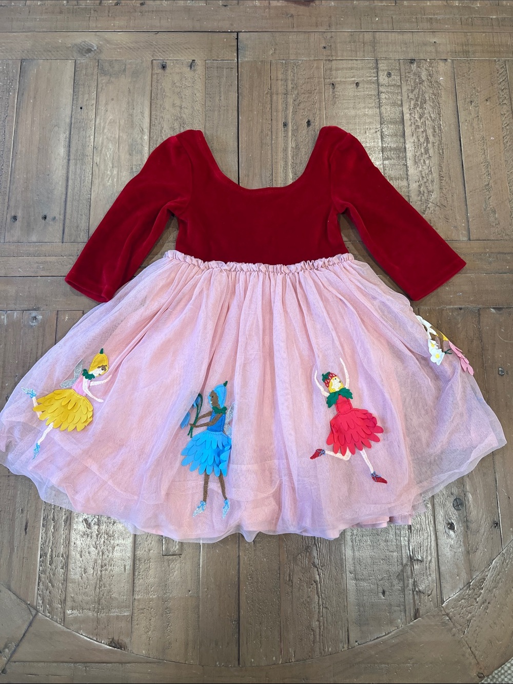 Mini Boden garden fairy appliqué pink tulle dress 4-5 years red velvet